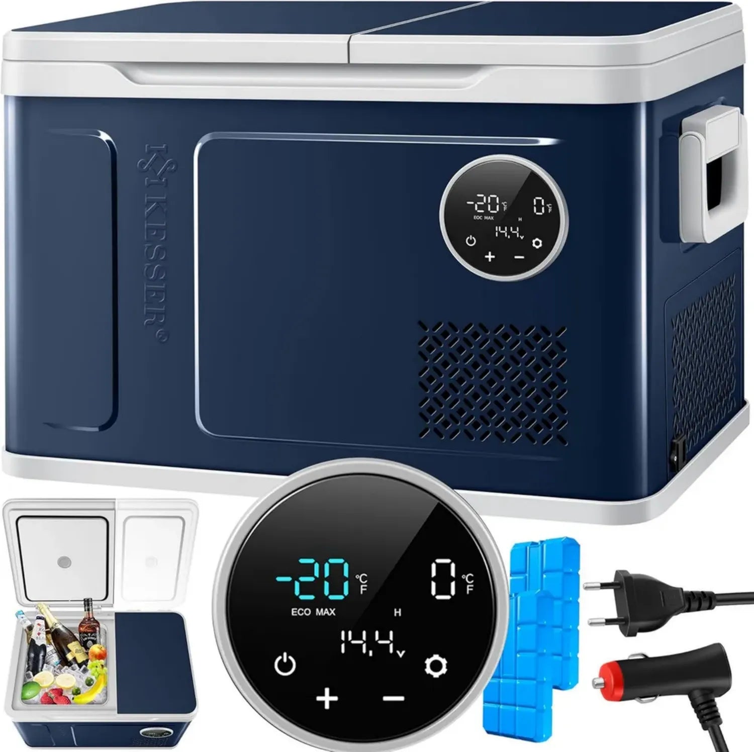 KESSER® Elektrische Kühlbox mit Gefrierfunktion, 2 Zonen, bis -20°C, ideal für Auto, Camping, Lkw, 12/24V und 230V